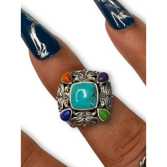 Sterling Silver Multi-Stone Ring Turquoise Lapis Purple Spiny Oyster - Picture 2 of 14